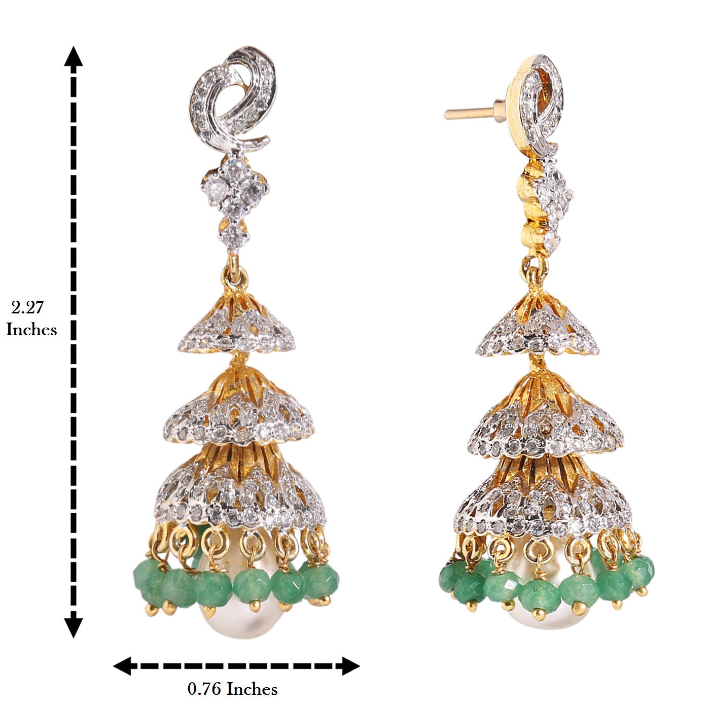 CZ with Green Beads with White Pearl Jhumka - E010