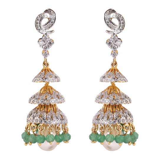 CZ with Green Beads with White Pearl Jhumka - E010