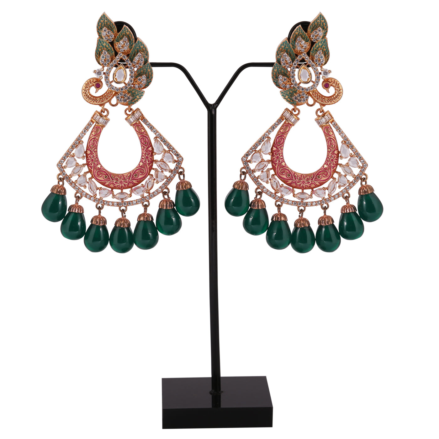 Peacock Colourful Mina American Diamond Earring with Green Droplets - E20