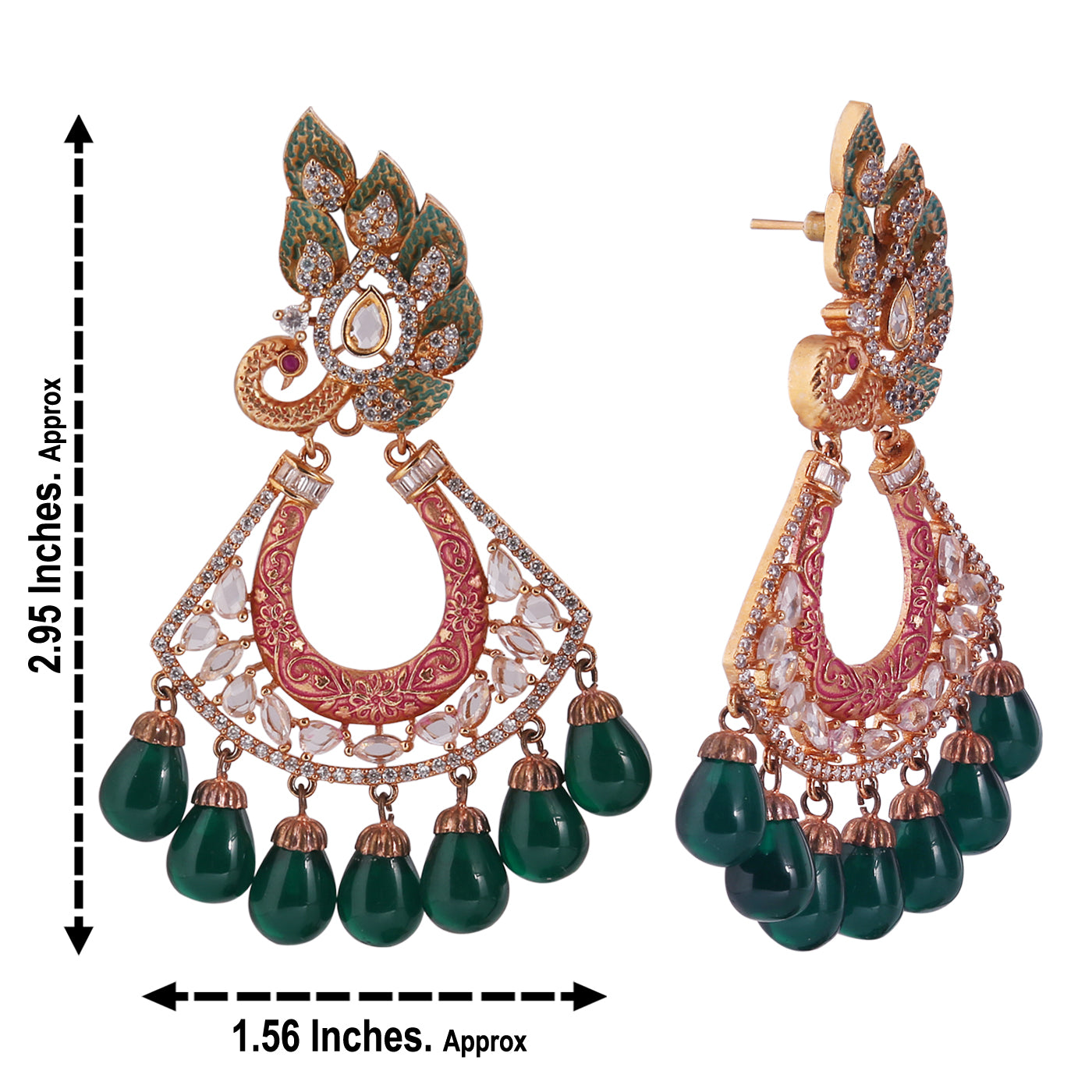 Peacock Colourful Mina American Diamond Earring with Green Droplets - E20