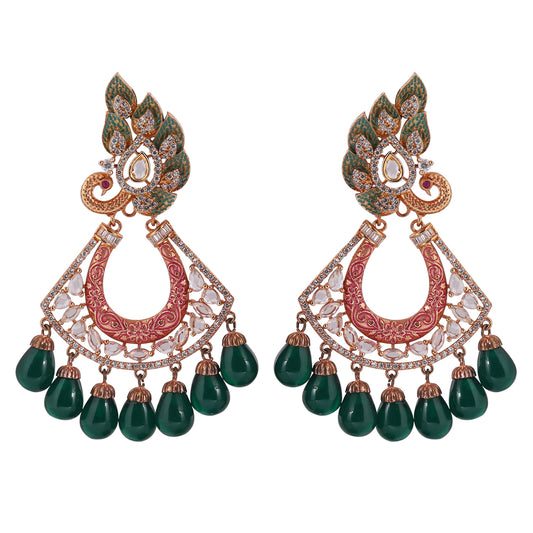 Peacock Colourful Mina American Diamond Earring with Green Droplets - E20