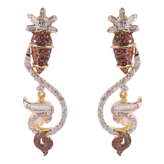 E015 Orange & White CZ Earrings with Pearl - E015