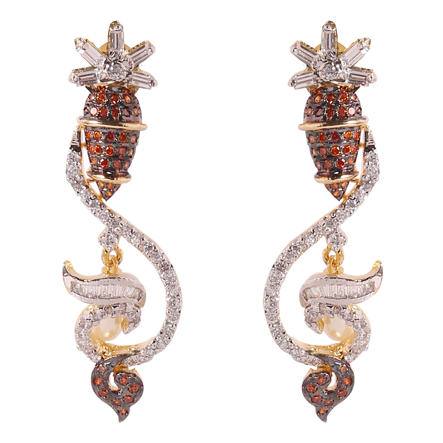 E015 Orange & White CZ Earrings with Pearl - E015