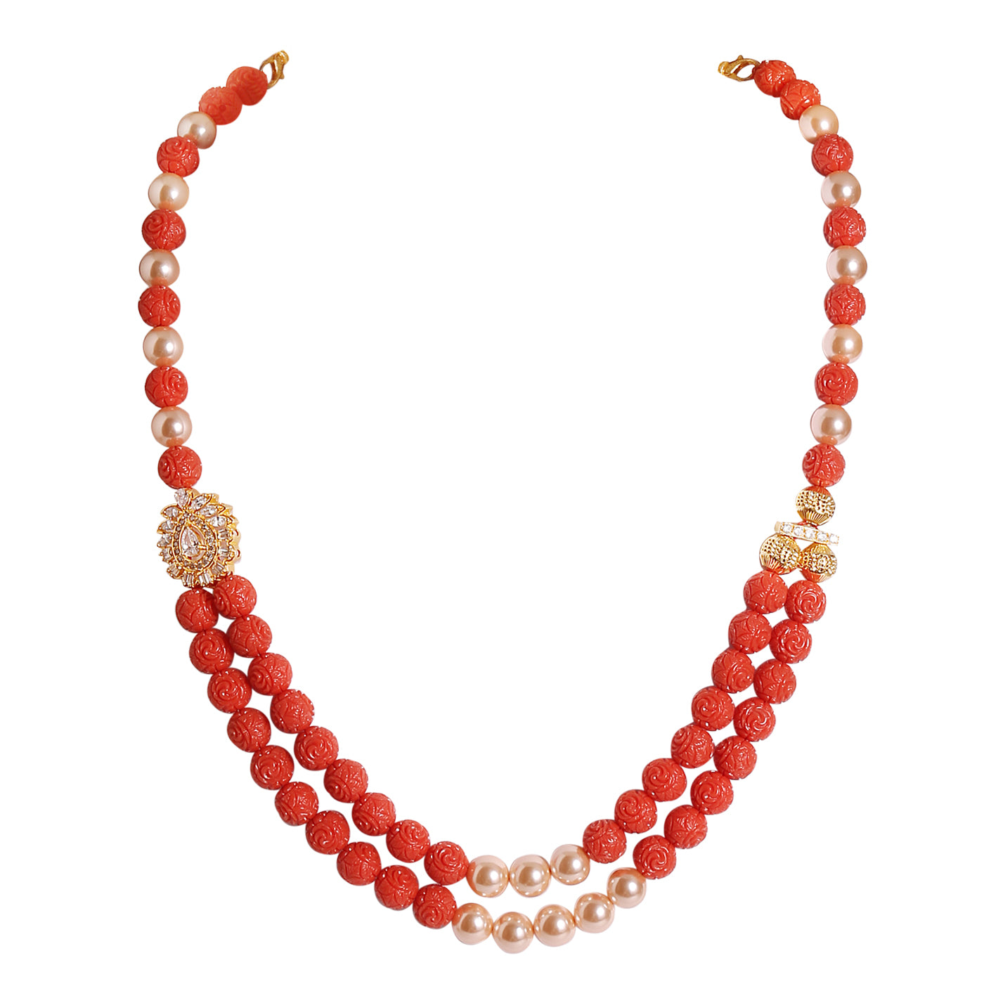 M0005 - Coral & Gold Shell Pearl Necklace with CZ Side Locket