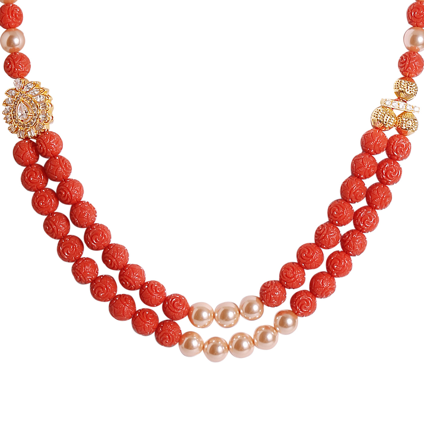 M0005 - Coral & Gold Shell Pearl Necklace with CZ Side Locket