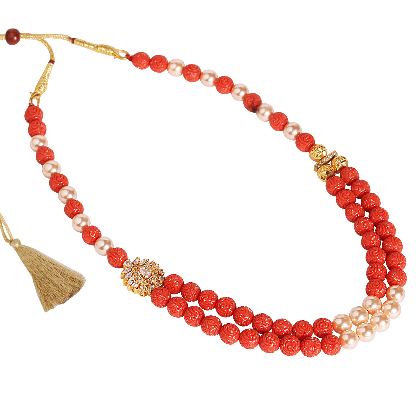 M0005 - Coral & Gold Shell Pearl Necklace with CZ Side Locket