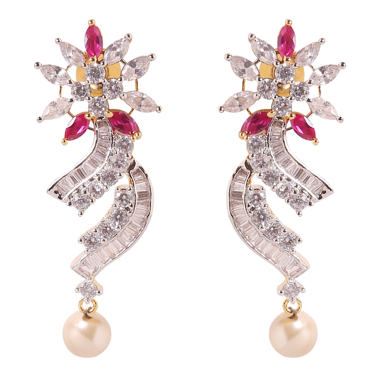 A20 - CZ with Red Stone Earrings with Pearl Droplet