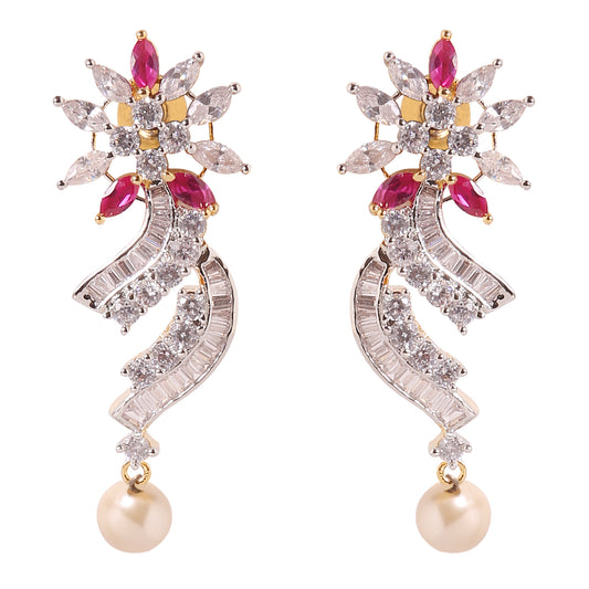 A20 - CZ with Red Stone Earrings with Pearl Droplet