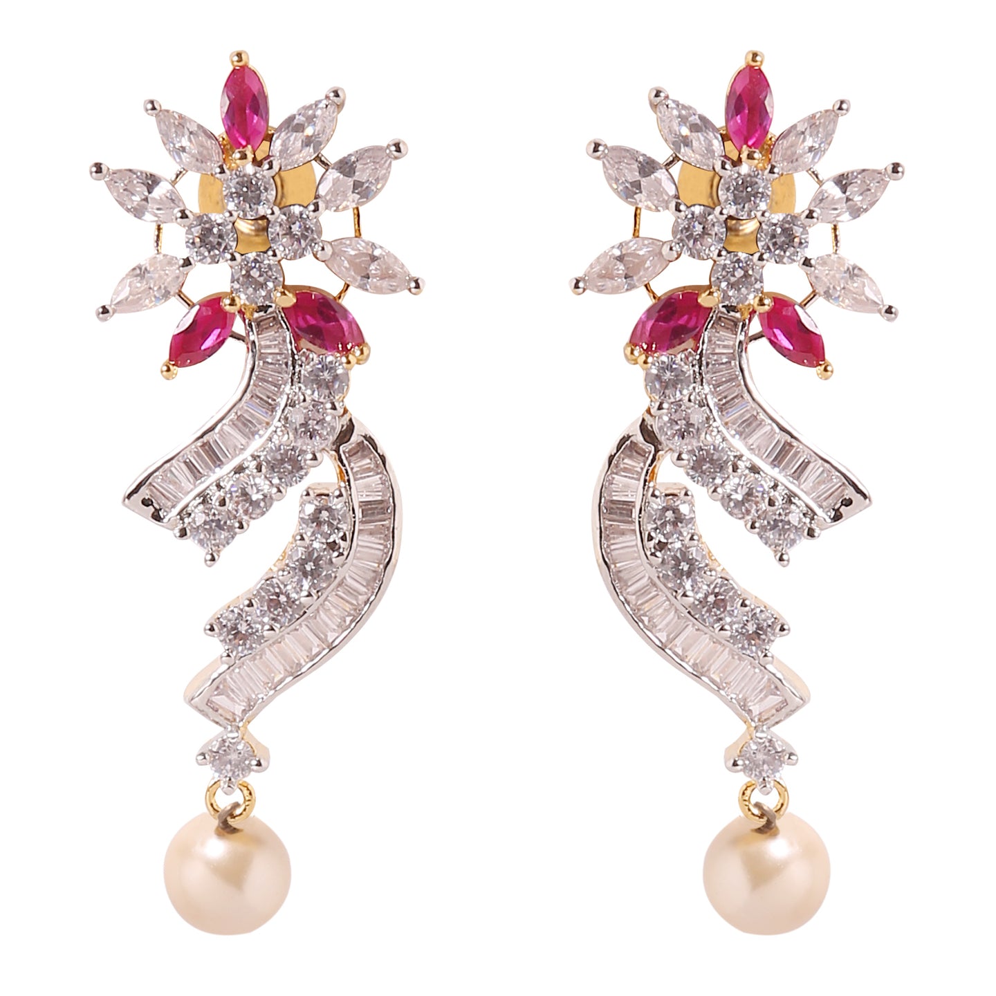 A20 - CZ with Red Stone Earrings with Pearl Droplet