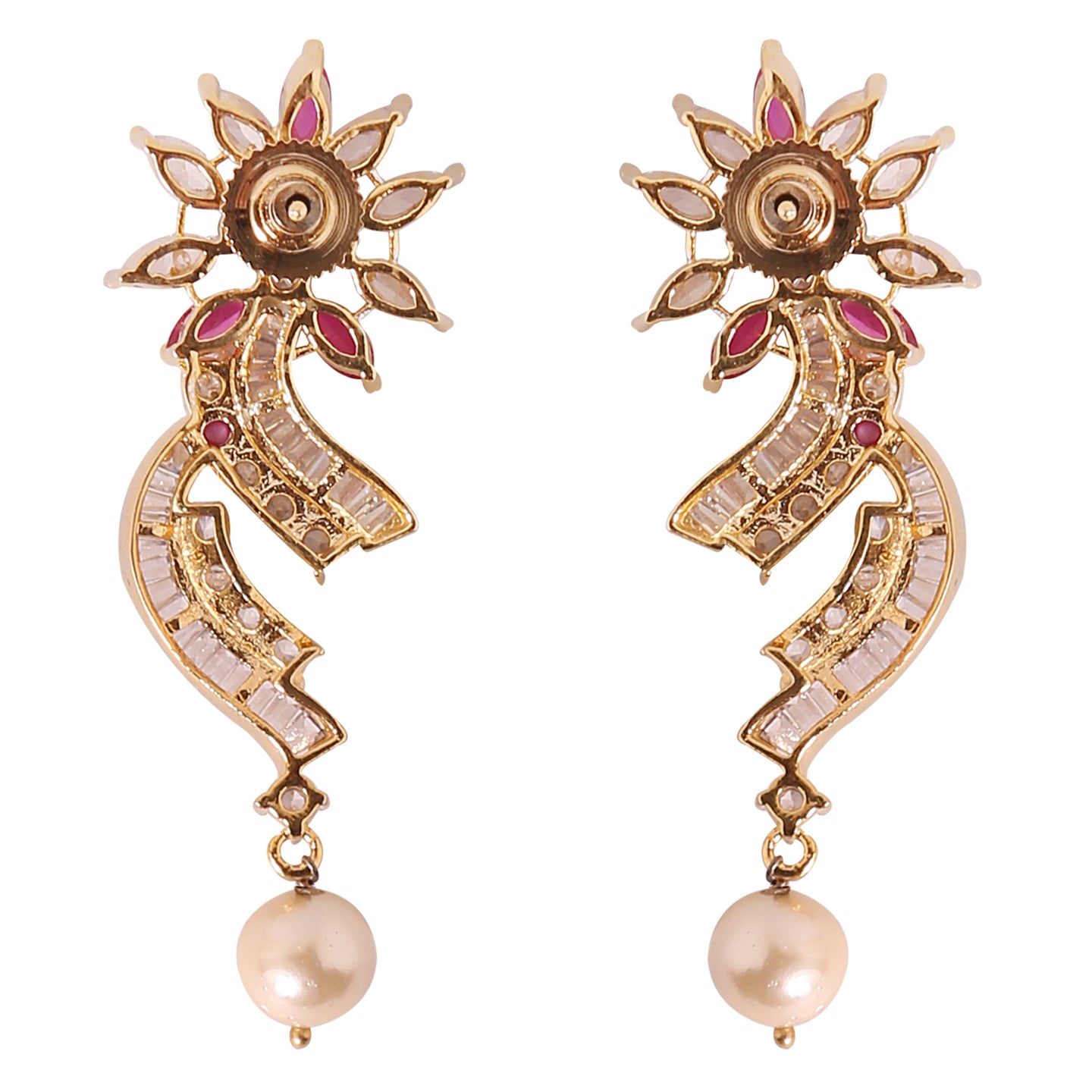 A20 - CZ with Red Stone Earrings with Pearl Droplet