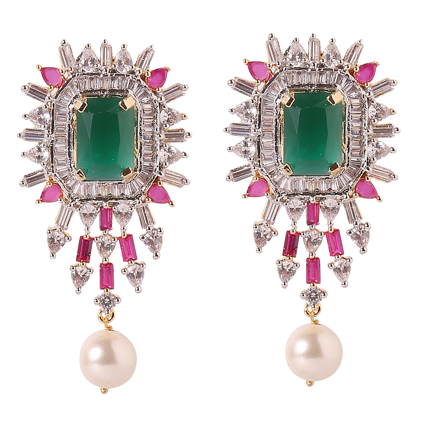 A22 - CZ with Green & Red Stone Earrings with Pearl Droplet