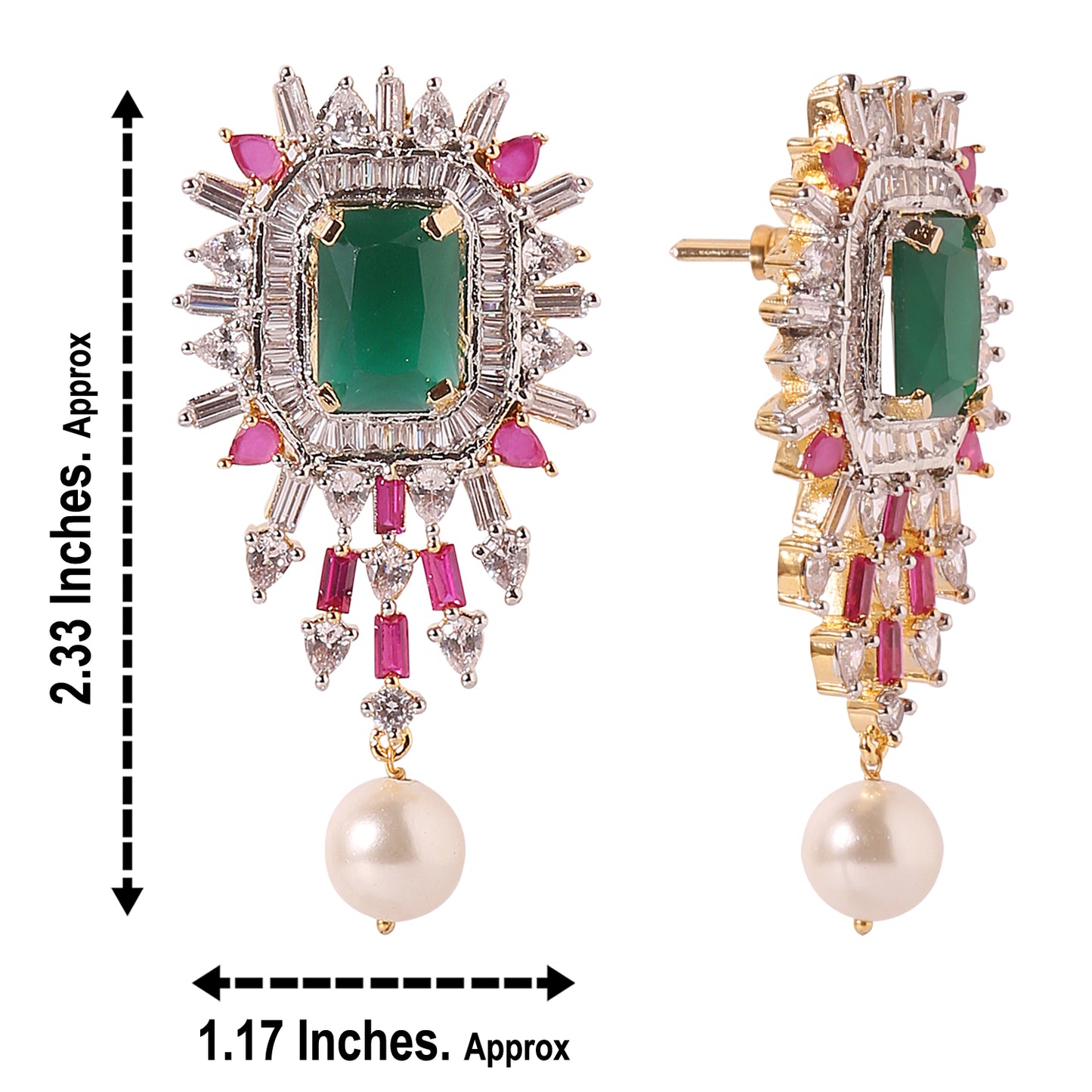 A22 - CZ with Green & Red Stone Earrings with Pearl Droplet