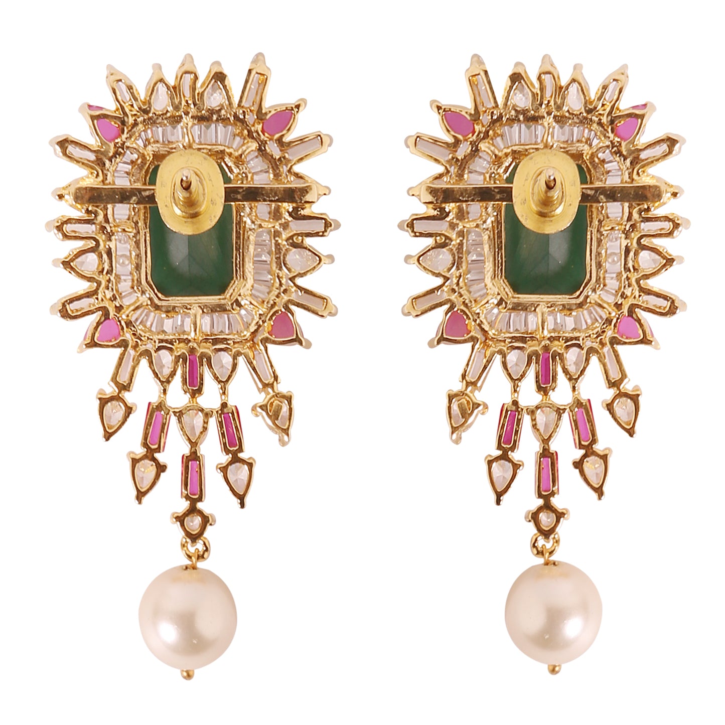 A22 - CZ with Green & Red Stone Earrings with Pearl Droplet