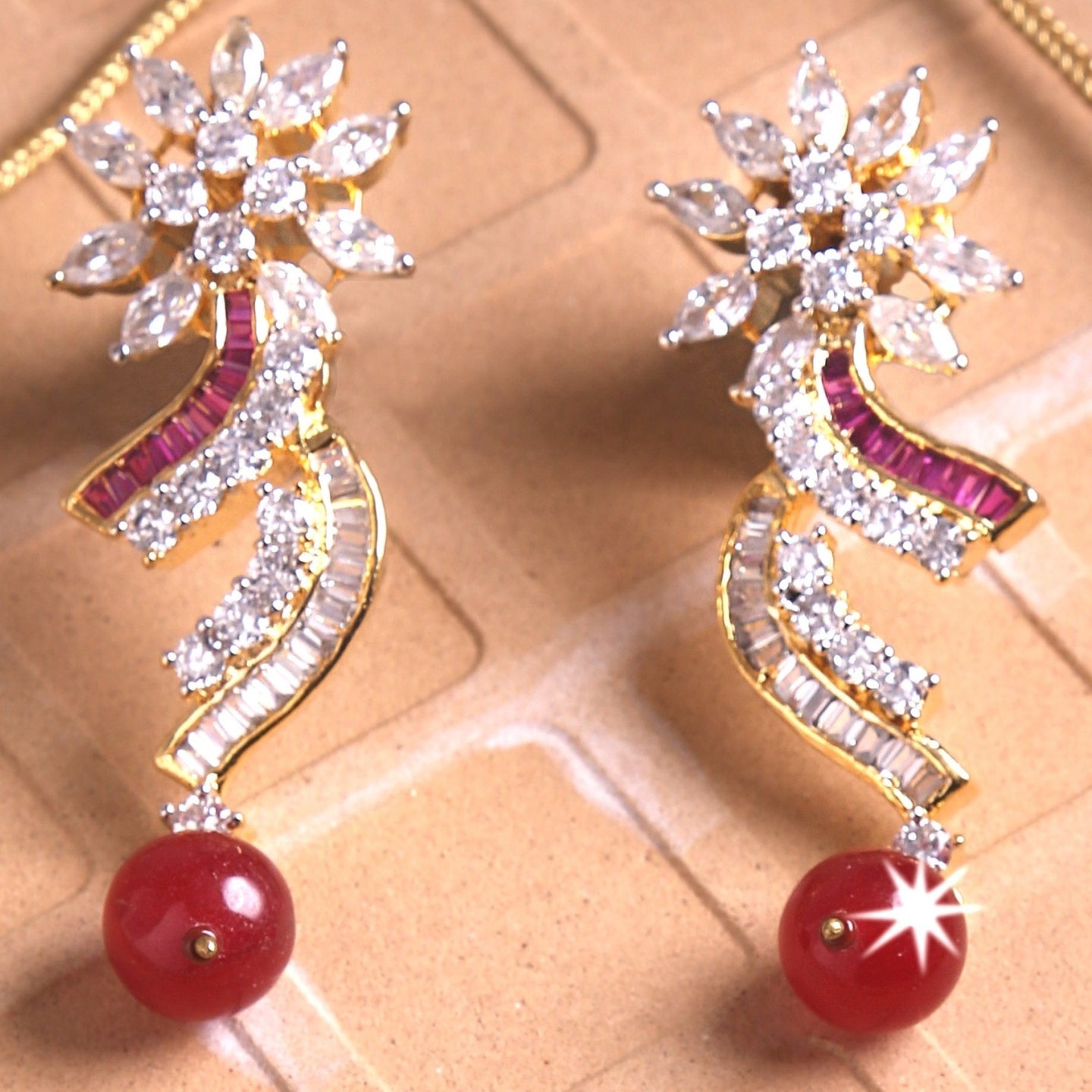 A21 - CZ with Red Stone Earrings with Red Pearl Droplet