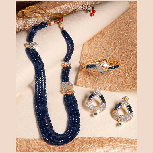 4 line Blue Pearl with CZ side locket Designer Set with Bracelet - P17