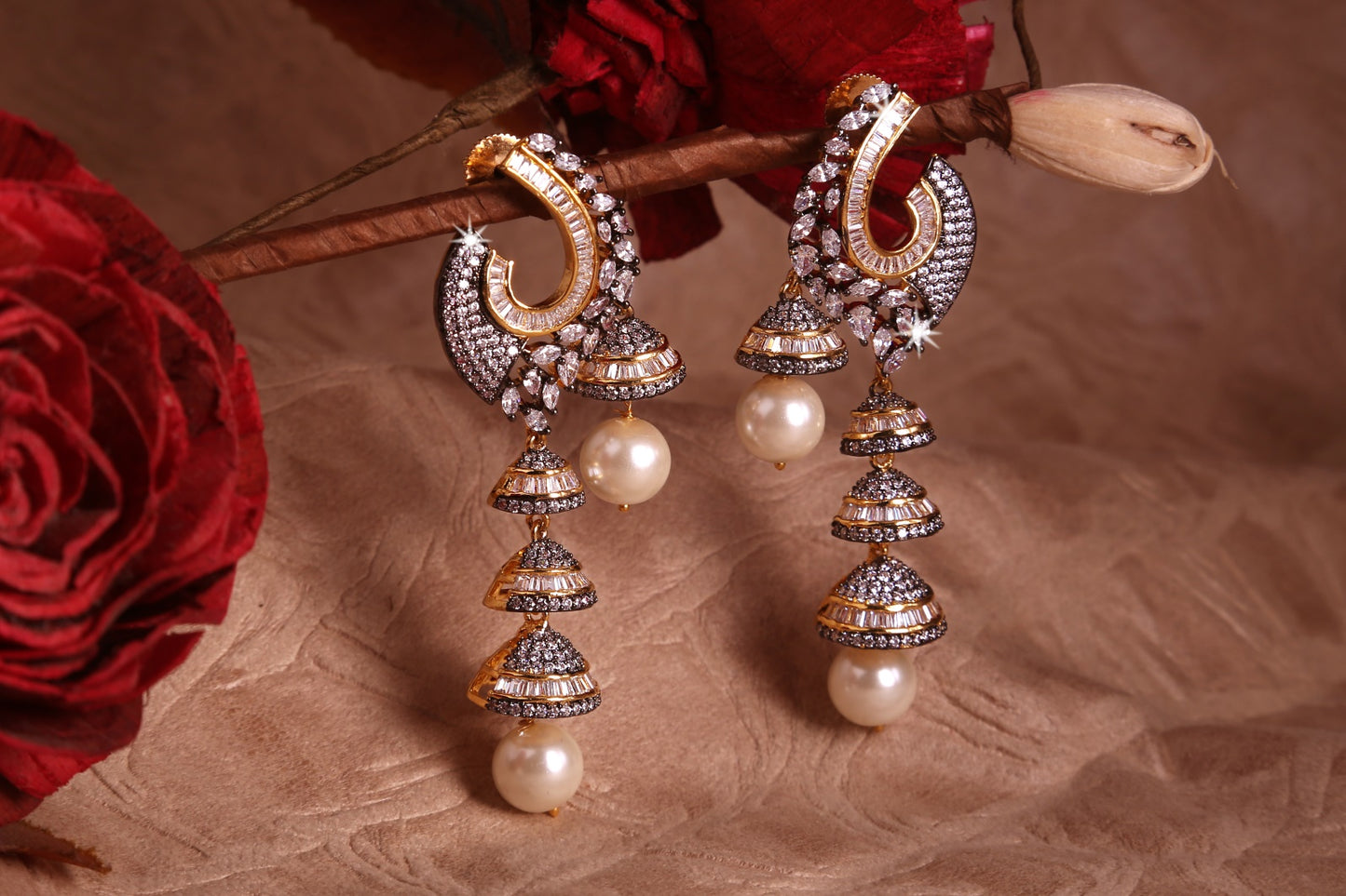 Pearl & CZ fancy Chandbali with Zhumki Earring - E23