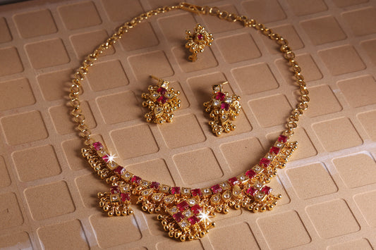 SS0057 - Red Square Choki plus White CZ Gold tone Necklace Set