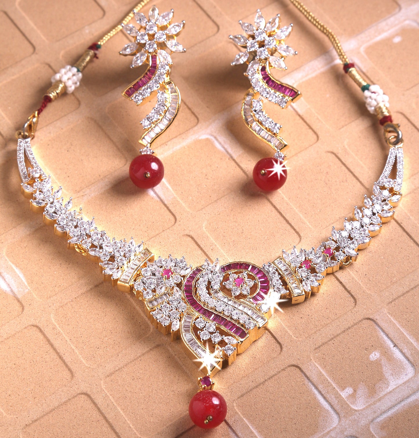 SS0081 RED & White tone Party wear Necklace Set