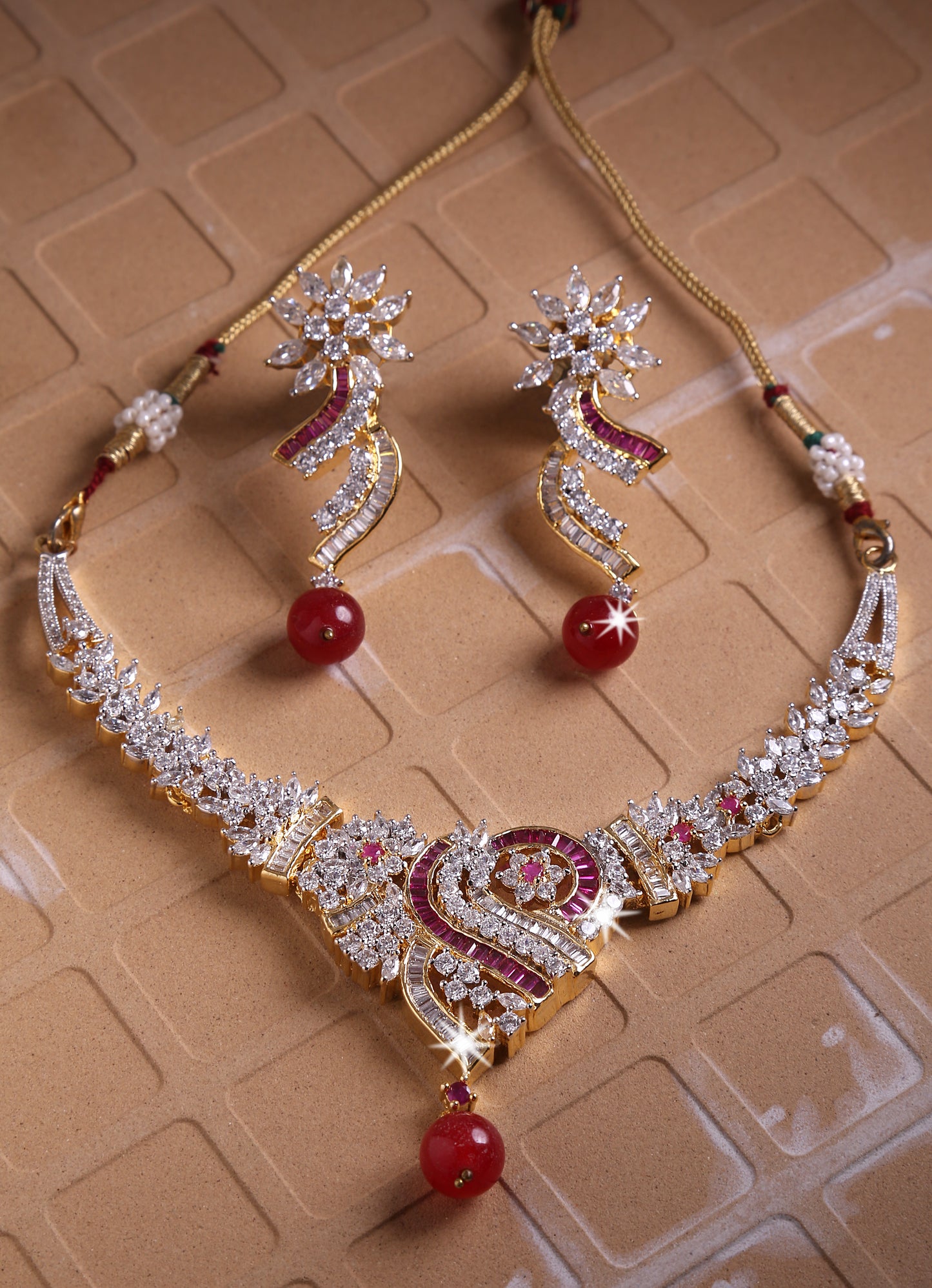 SS0081 RED & White tone Party wear Necklace Set