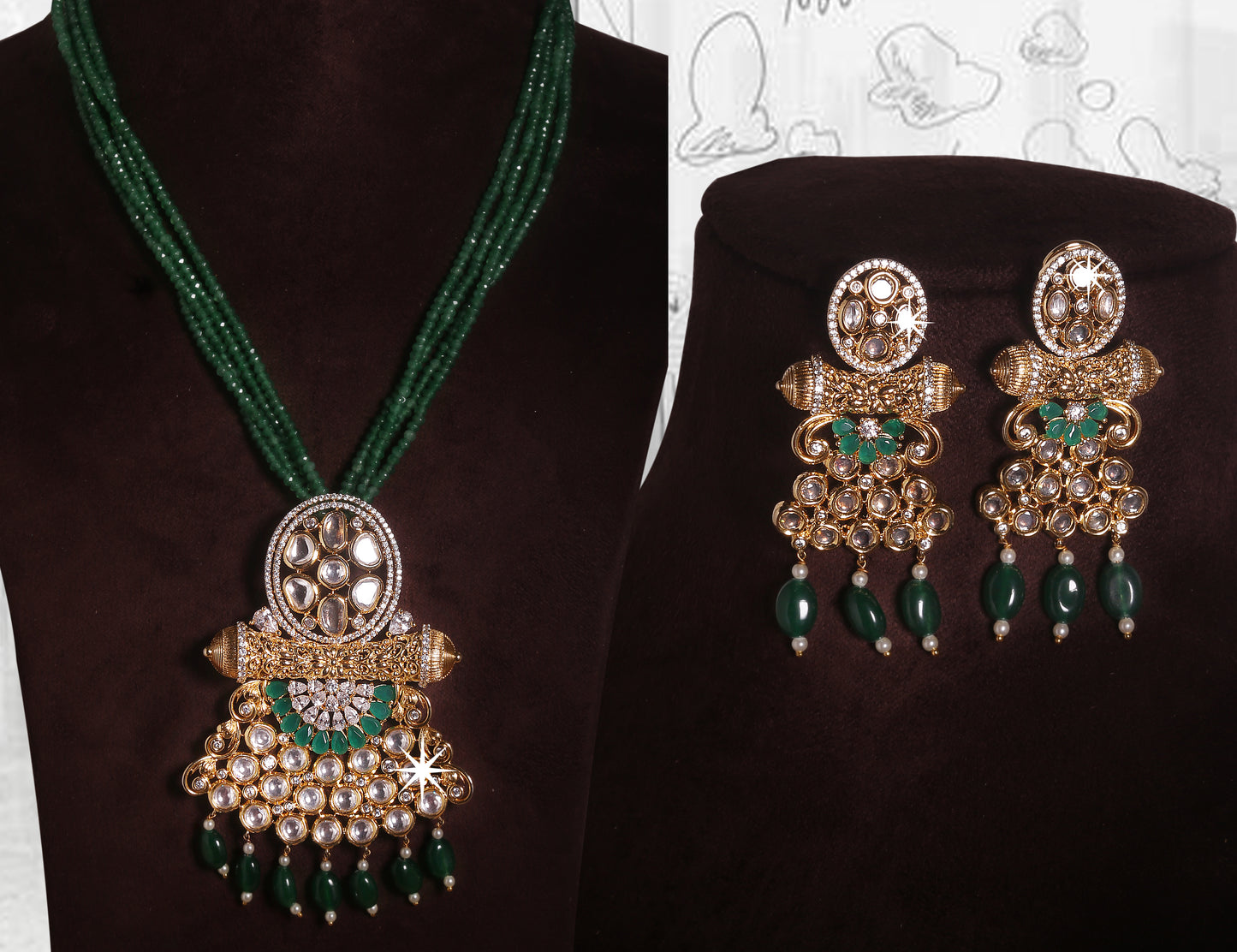 Fusion of Jadau Pearl & CZ Locket Set with 4 line green beaded Necklace - SS0002