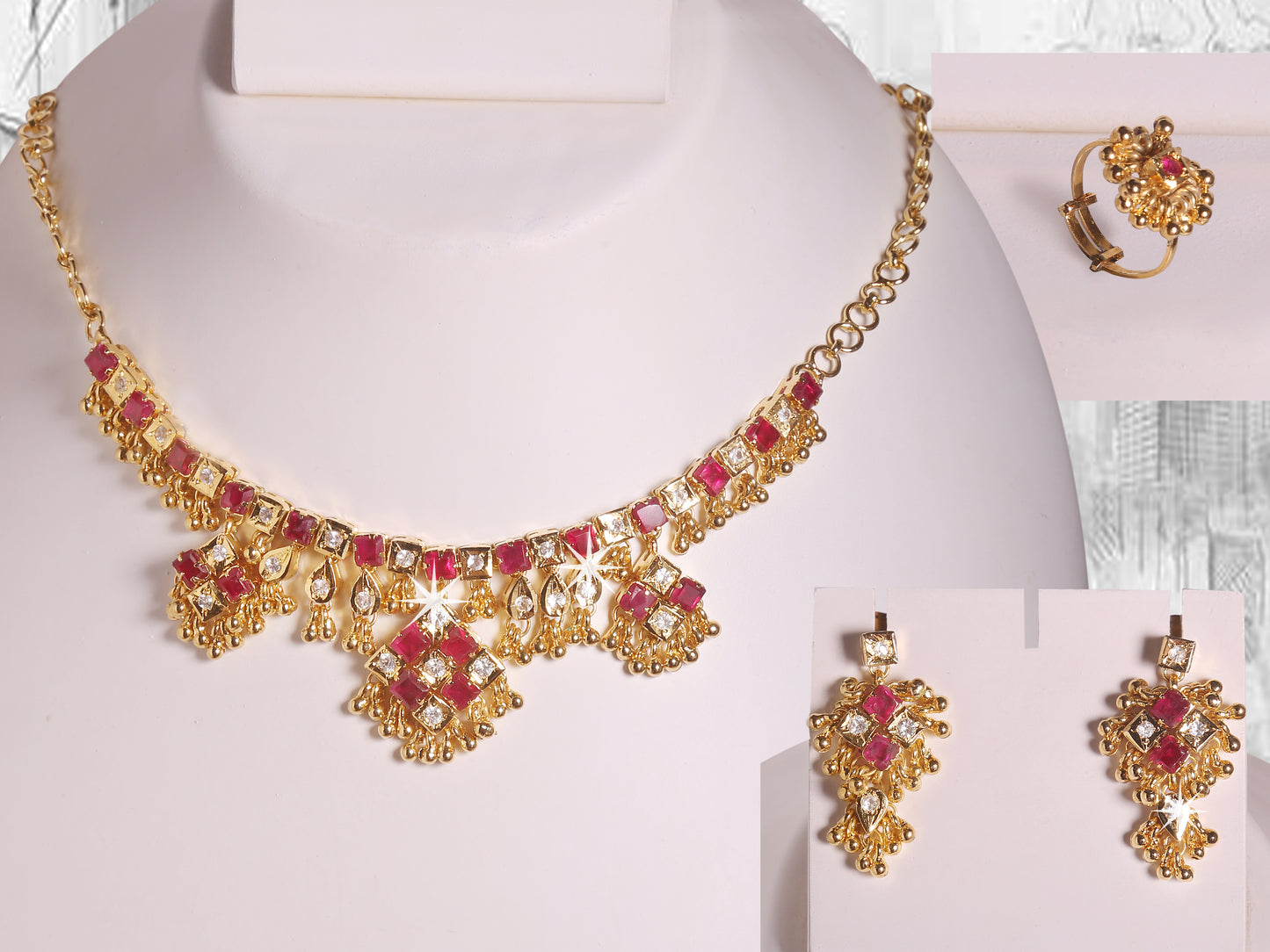 SS0057 - Red Square Choki plus White CZ Gold tone Necklace Set