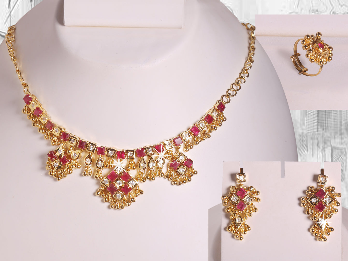 SS0057 - Red Square Choki plus White CZ Gold tone Necklace Set