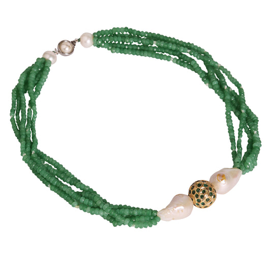 M0010 - Green Beaded Necklace with KC & Barooque Pearl