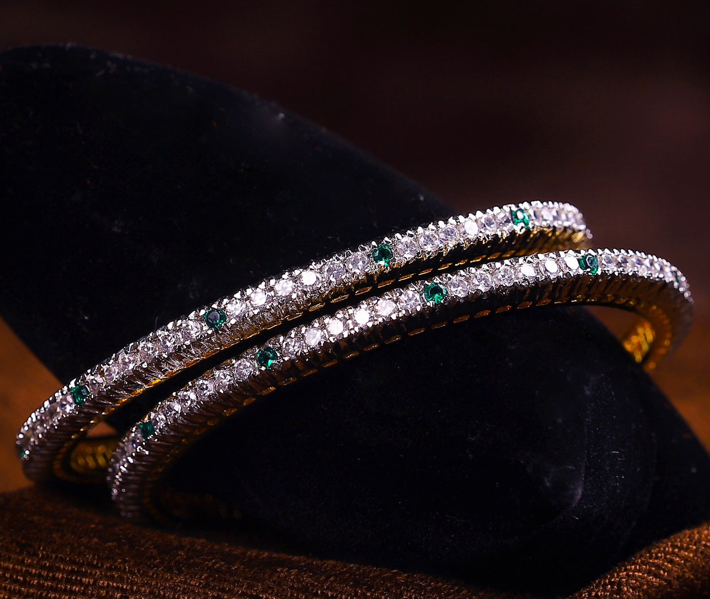 O - Single Line Green CZ Gold Tone  Bangles