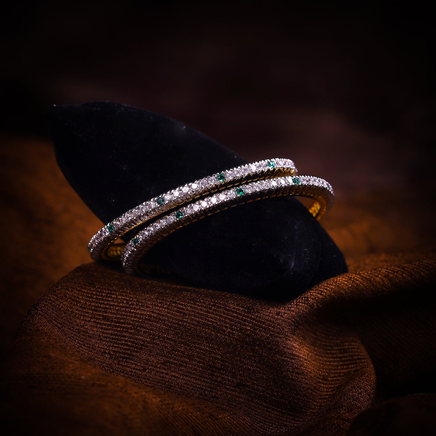 O - Single Line Green CZ Gold Tone  Bangles