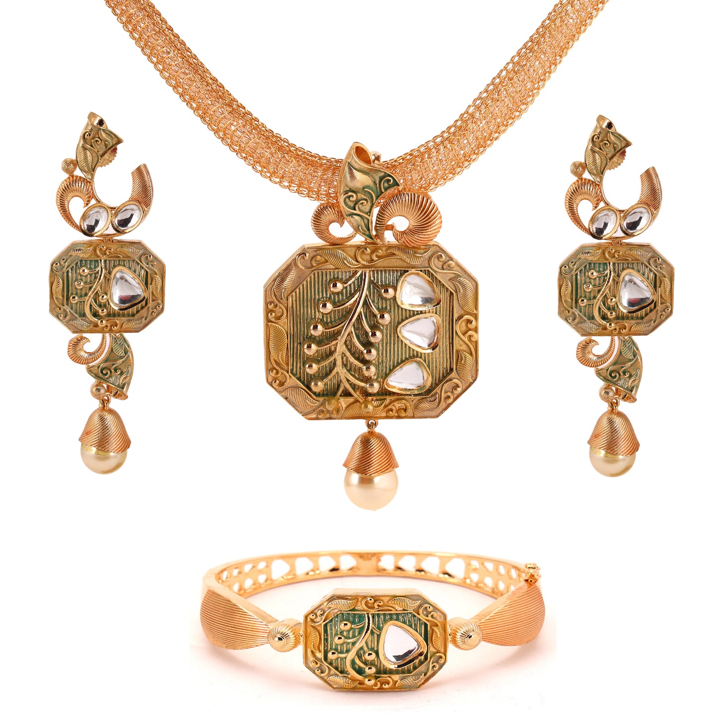 Jadau & Seegreen meena work gold tone Locket Set with Broad golden polish Chain - P27