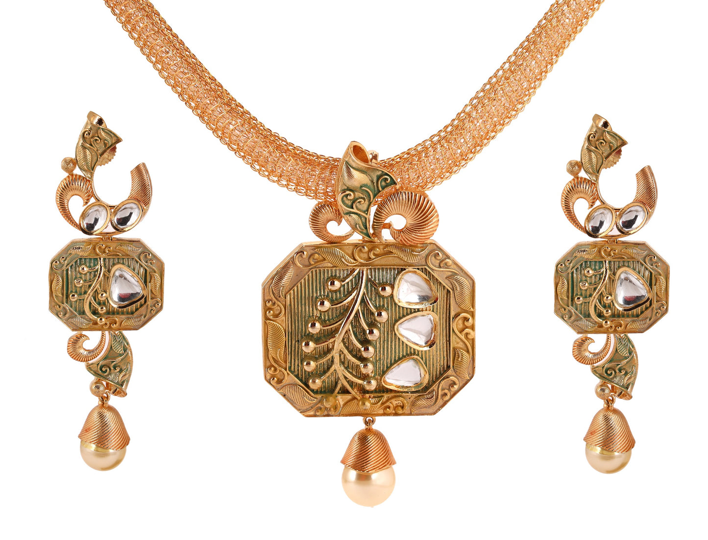 Jadau & Seegreen meena work gold tone Locket Set with Broad golden polish Chain - P27