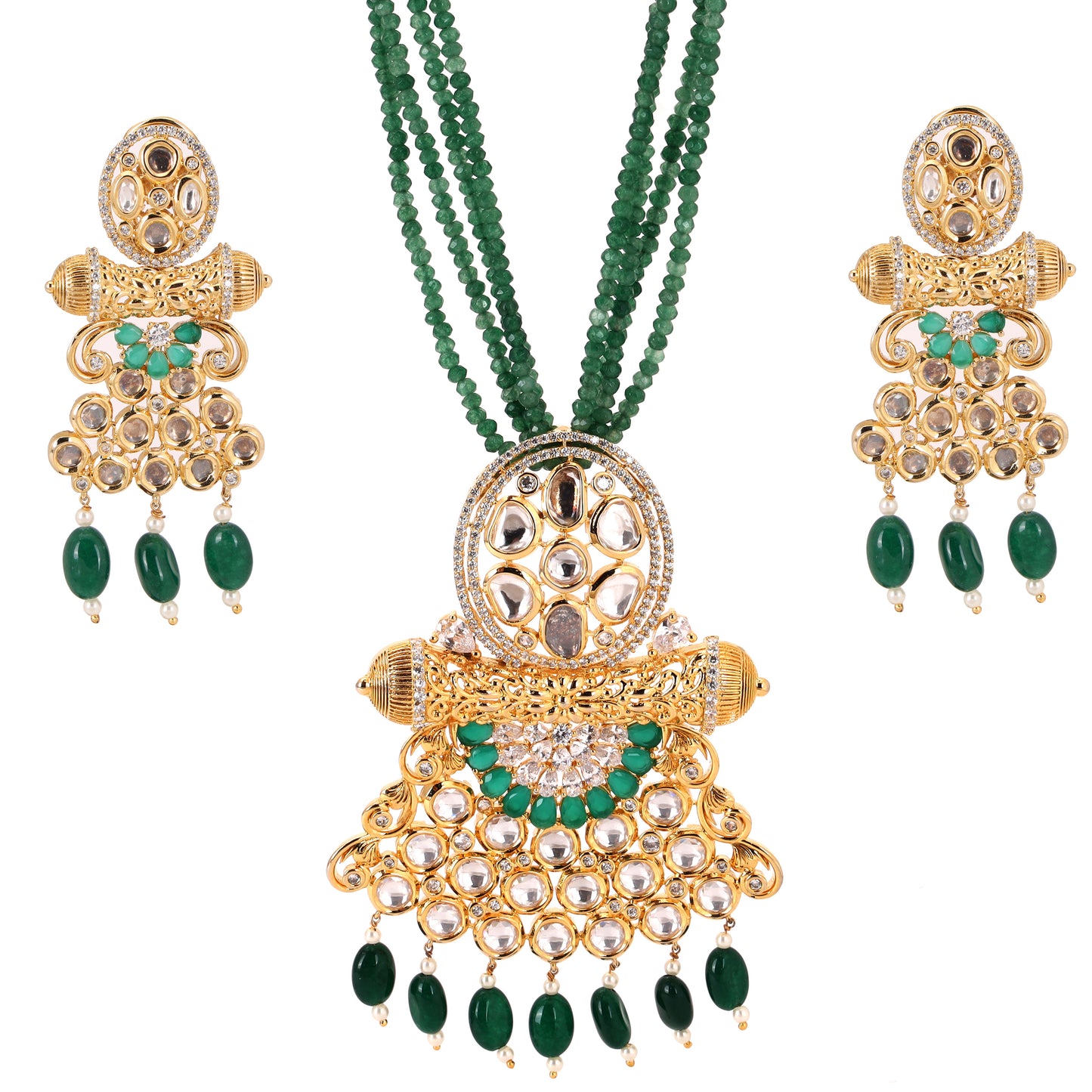 Fusion of Jadau Pearl & CZ Locket Set with 4 line green beaded Necklace - SS0002