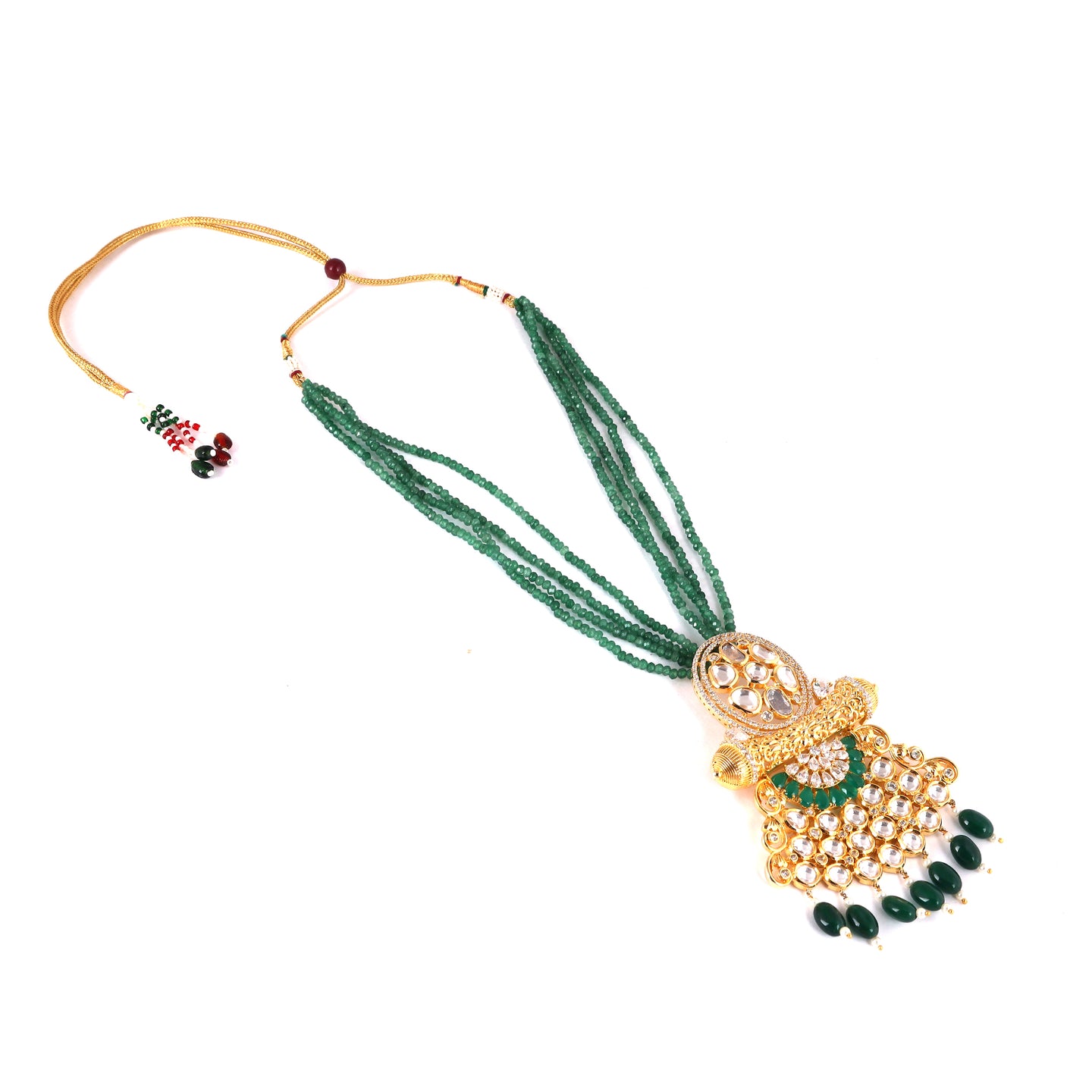 Fusion of Jadau Pearl & CZ Locket Set with 4 line green beaded Necklace - SS0002