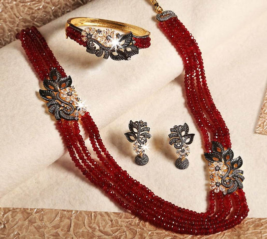 5 line Red Pearl with CZ & Antique gold finished Designer Set with Golden Polish Bracelet - P16