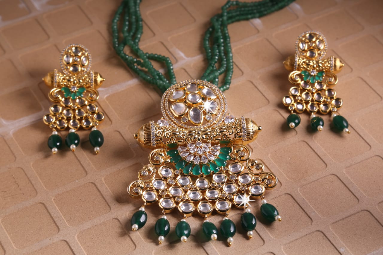 Fusion of Jadau Pearl & CZ Locket Set with 4 line green beaded Necklace - SS0002