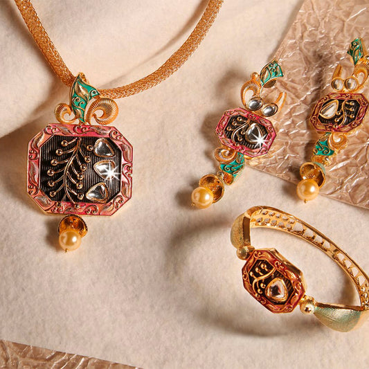 Jadau Pink & Black Meena work Designer Locket Set with Gold tone Broad Chain - P27