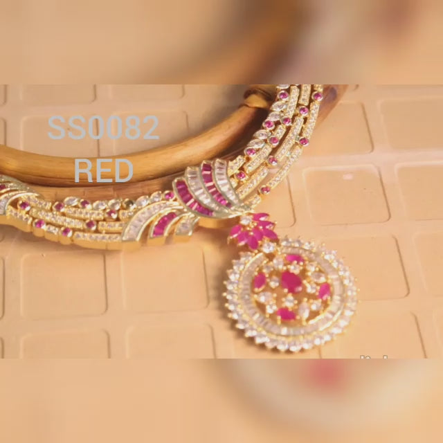 SS0082 Red & White Party wear Necklace Set with 2line Pearl