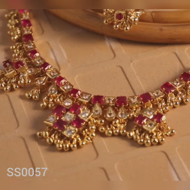 SS0057 - Red Square Choki plus White CZ Gold tone Necklace Set